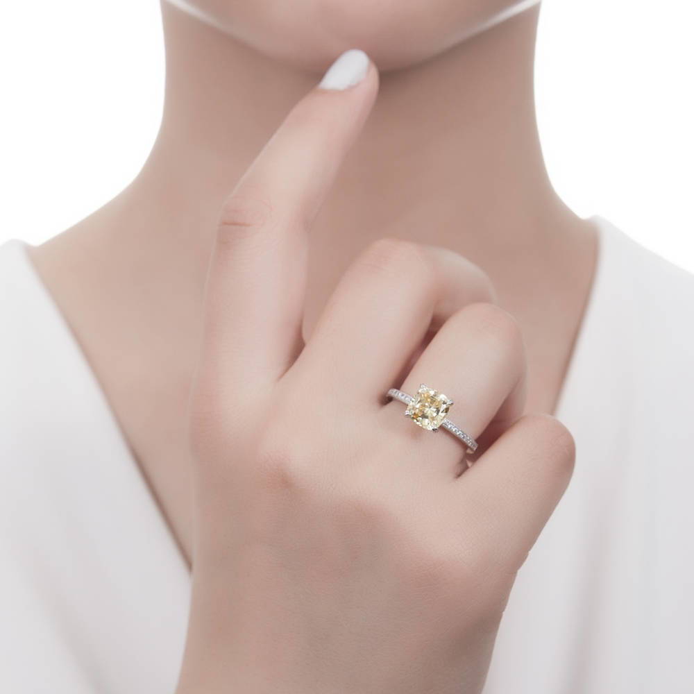 Solitaire Canary Yellow Cushion CZ Ring Set in Sterling Silver