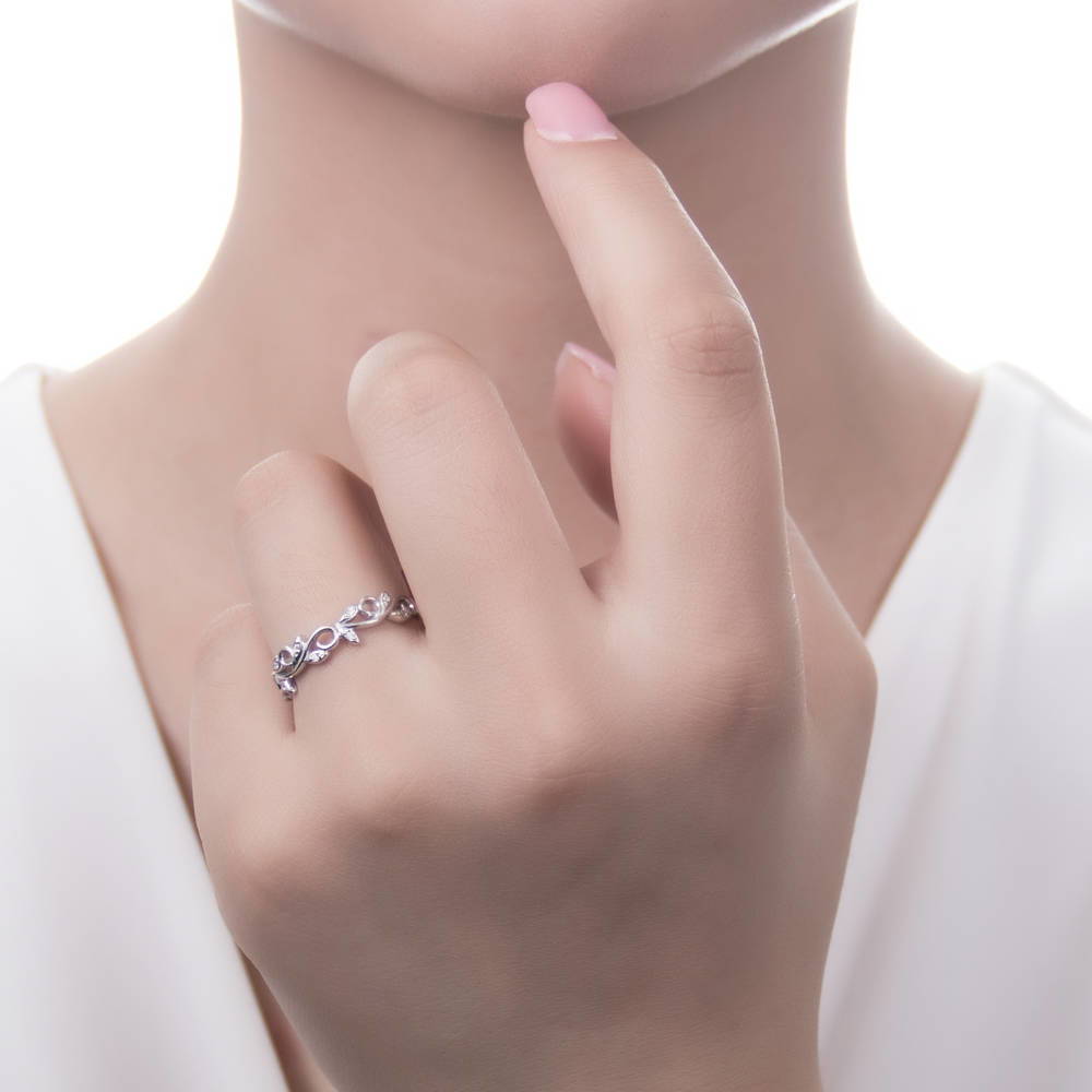 Model wearing Leaf Filigree CZ Ring in Sterling Silver, 2 of 9