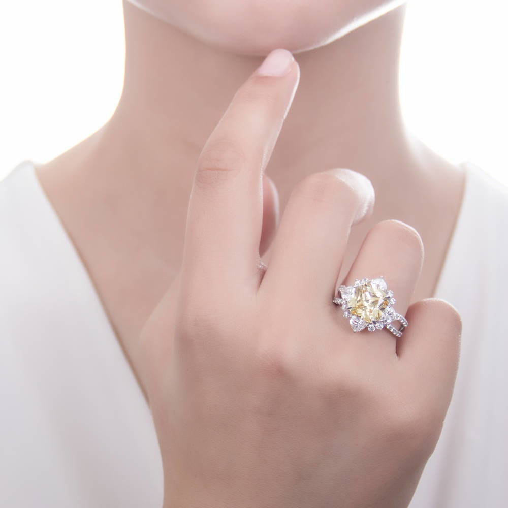 Model wearing Halo Flower Canary Yellow CZ Split Shank Ring in Sterling Silver, 2 of 8