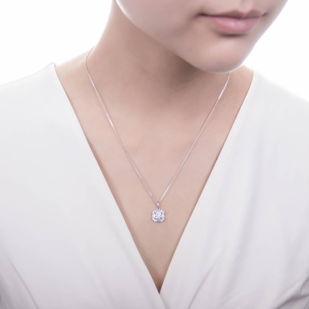 Halo Art Deco CZ Necklace and Earrings in Sterling Silver