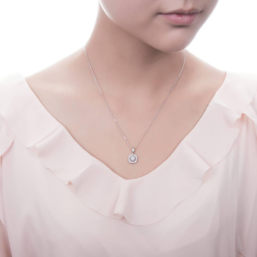 Model wearing Art Deco CZ Necklace and Earrings in Sterling Silver, 10 of 12