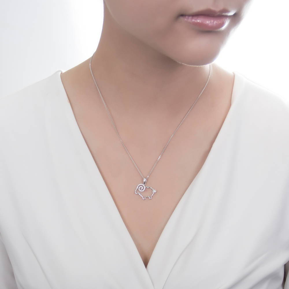 Sheep CZ Pendant Necklace in Sterling Silver