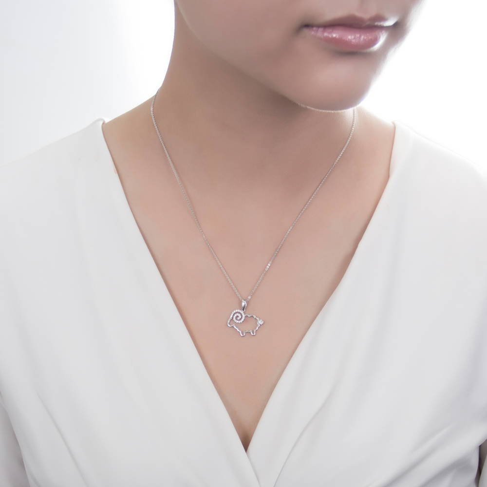 Model wearing Sheep CZ Pendant Necklace in Sterling Silver, 2 of 6