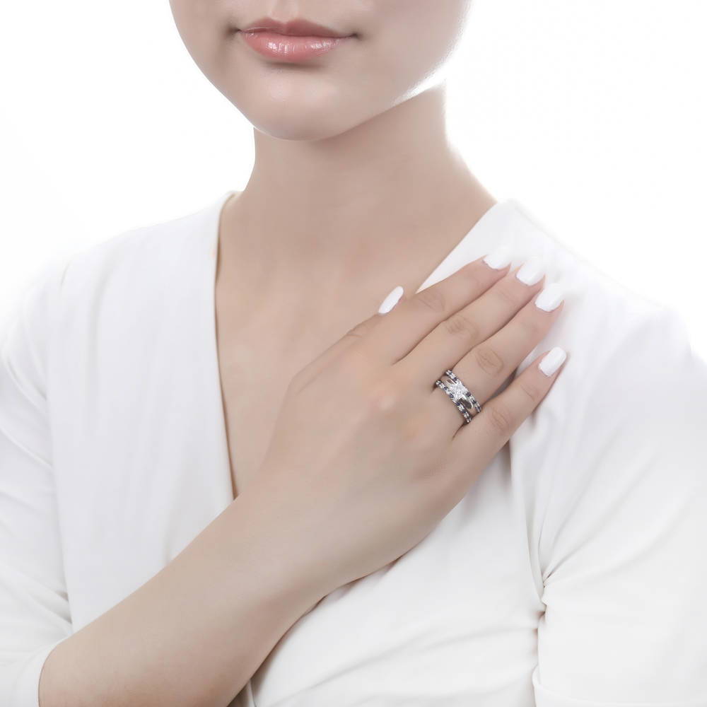 Model wearing Sapphire-Blue Pave CZ Eternity Ring in Sterling Silver, 16 of 19