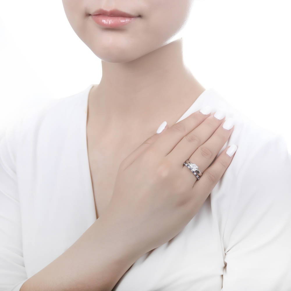 Model wearing Sapphire-Blue Pave CZ Eternity Ring in Sterling Silver, 10 of 19