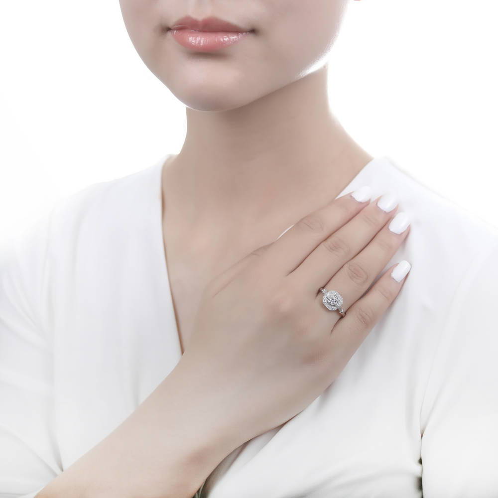 Model wearing Art Deco CZ Ring in Sterling Silver, 6 of 8