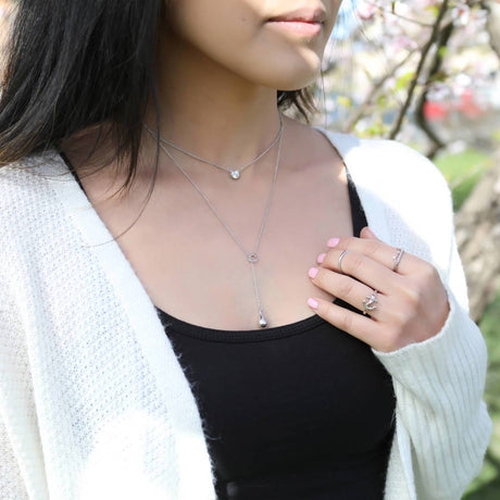 Image Contain: Model Wearing Anchor Ring, Cable Band, Crown Ring, Solitaire Pendant Necklace, Teardrop Lariat Necklace