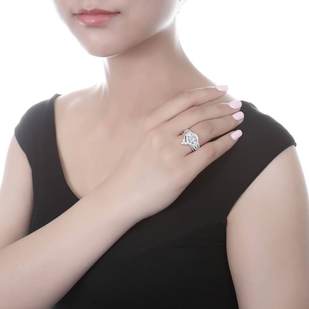 Model wearing 3-Stone Flower 1.25ct CZ Ring Set in Sterling Silver, 2 of 11