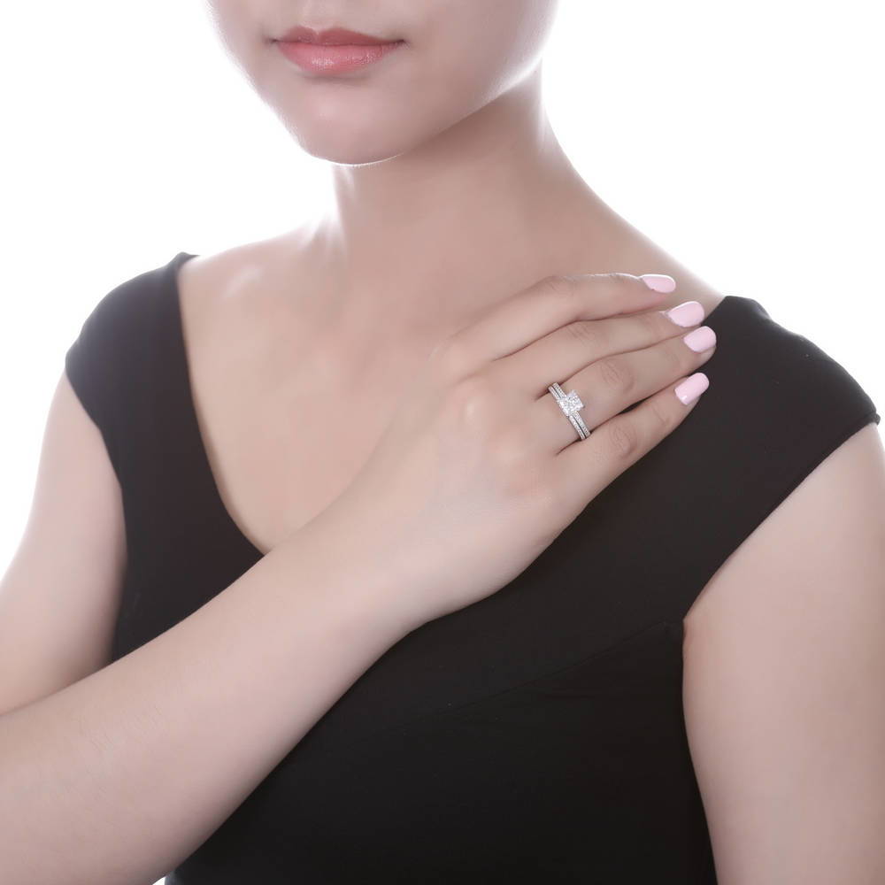Model wearing Pave CZ Eternity Ring in Sterling Silver, 12 of 19