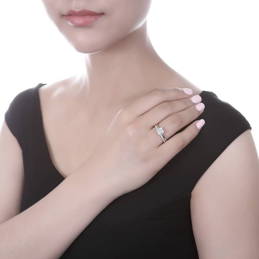 Model wearing Pave CZ Eternity Ring in Sterling Silver, 13 of 19