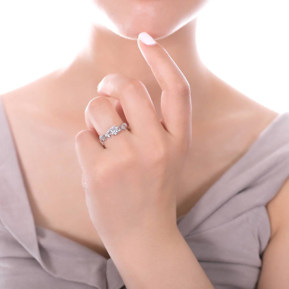 Model wearing Solitaire Leaf Filigree 0.8ct CZ Ring Set in Sterling Silver, 6 of 10