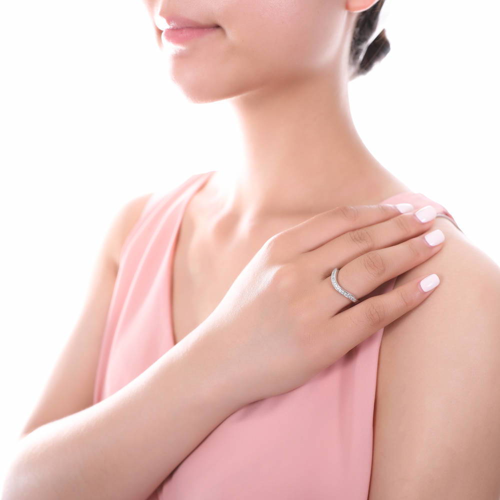 Model wearing 3-Stone 2.6ct Cushion CZ Ring Set in Sterling Silver, 13 of 13