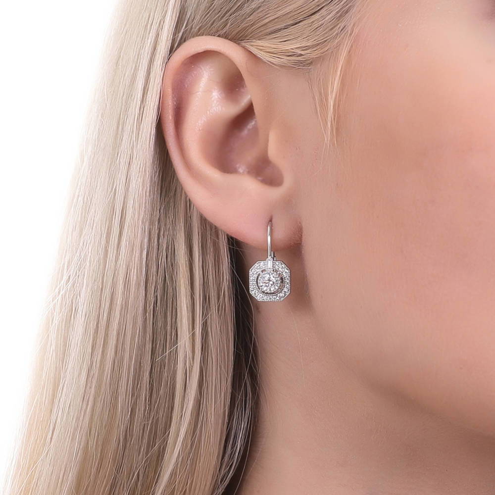 Model wearing Art Deco CZ Leverback Earrings in Sterling Silver, 3 of 5