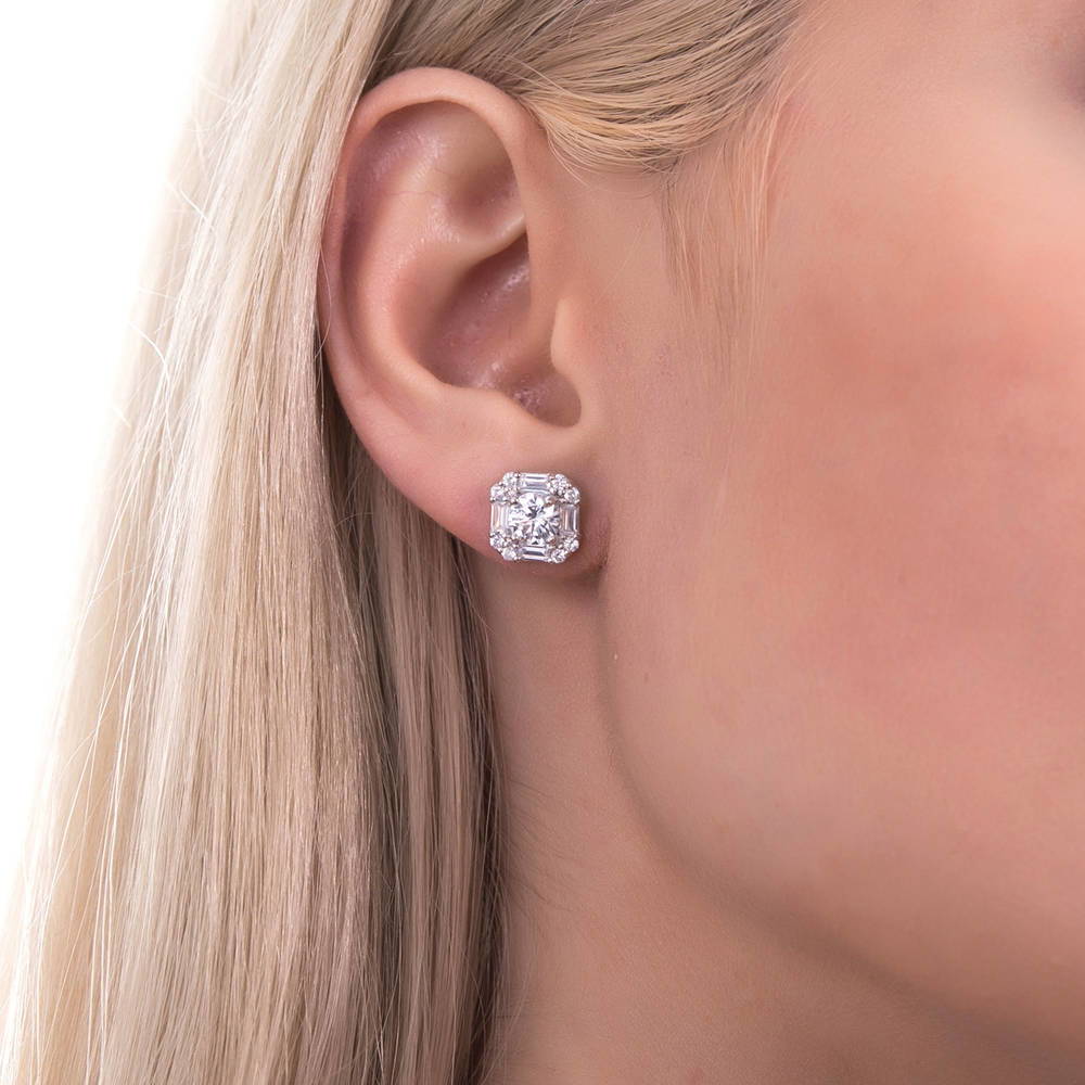 Model wearing Halo Art Deco CZ Stud Earrings in Sterling Silver, 3 of 5