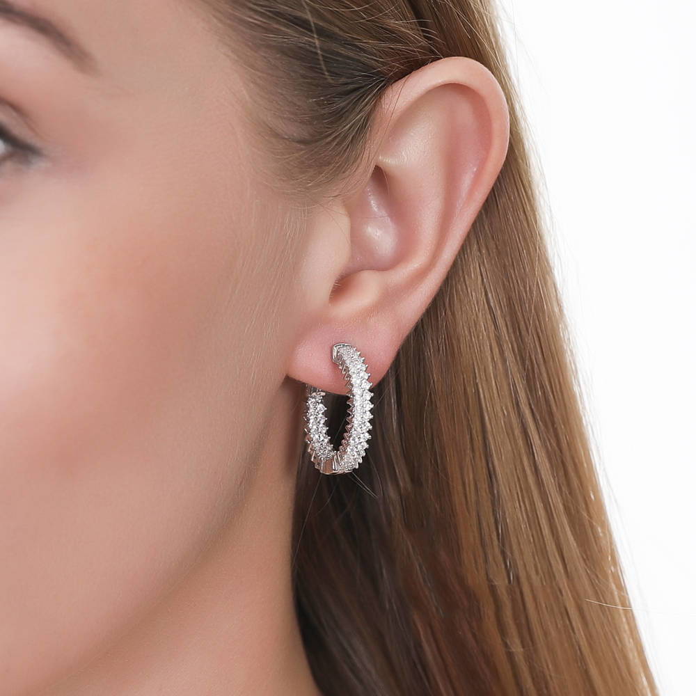 Double Row CZ Medium Inside-Out Hoop Earrings in Sterling Silver 0.9"