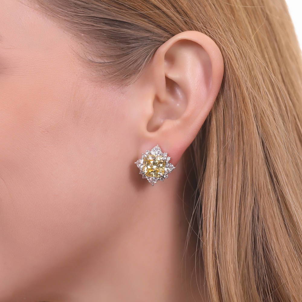 Halo Canary Yellow CZ Omega Back Stud Earrings in Sterling Silver