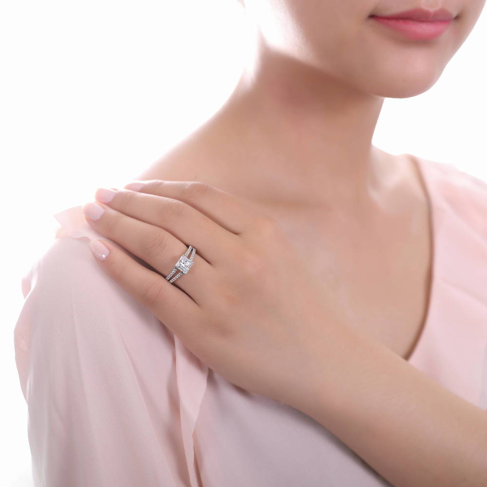 Model wearing Solitaire 2ct Princess CZ Split Shank Ring in Sterling Silver, 3 of 9