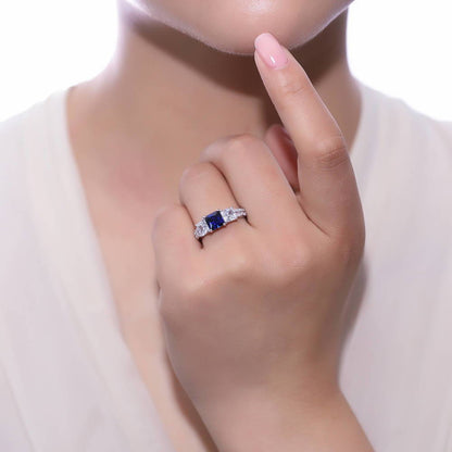 3-Stone Sapphire-Blue Princess CZ Ring Set in Sterling Silver
