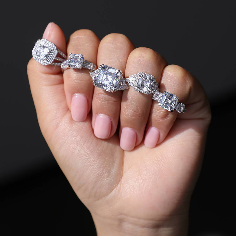 Model wearing 3-Stone 12.6ct Asscher CZ Ring in Sterling Silver, 12 of 12