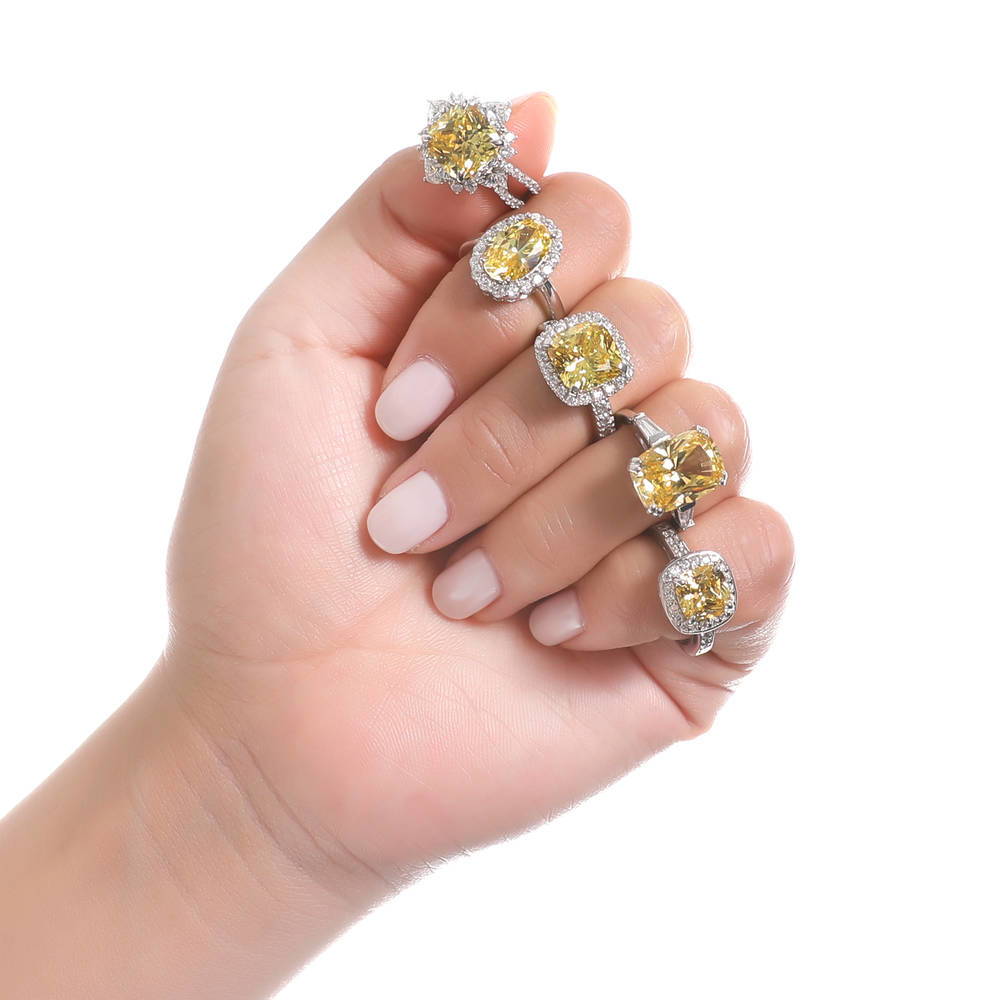 Model wearing 3-Stone 9ct Canary Yellow Cushion CZ Ring in Sterling Silver, 9 of 10