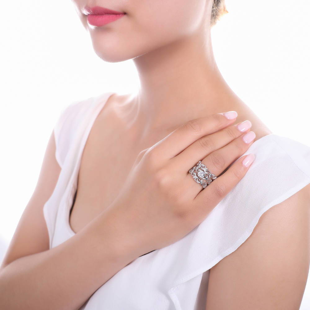 Model wearing Solitaire Leaf Filigree 0.8ct CZ Ring Set in Sterling Silver, 2 of 10