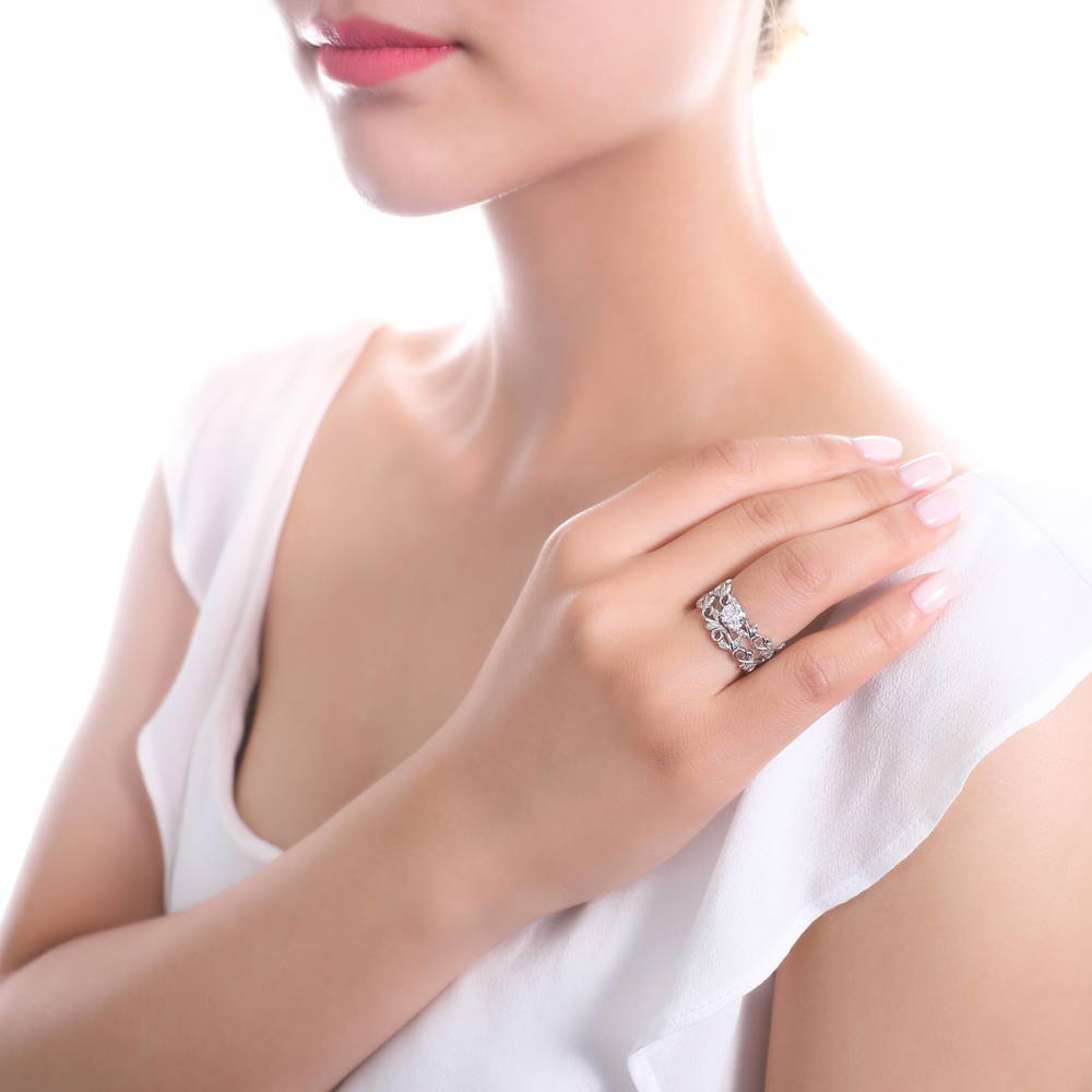 Model wearing Solitaire Leaf Filigree 0.8ct CZ Ring Set in Sterling Silver, 2 of 10