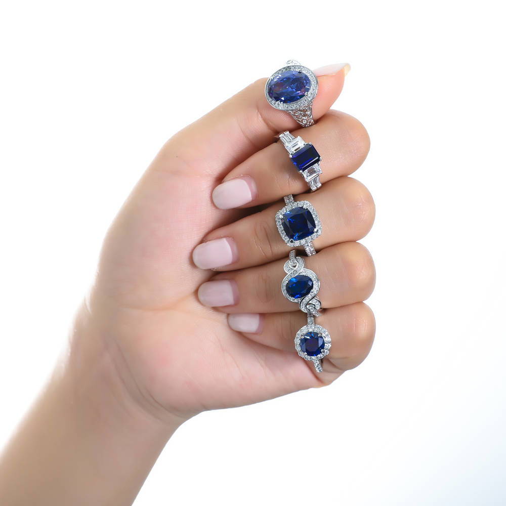 Halo Sapphire-Blue Cushion CZ Ring in Sterling Silver