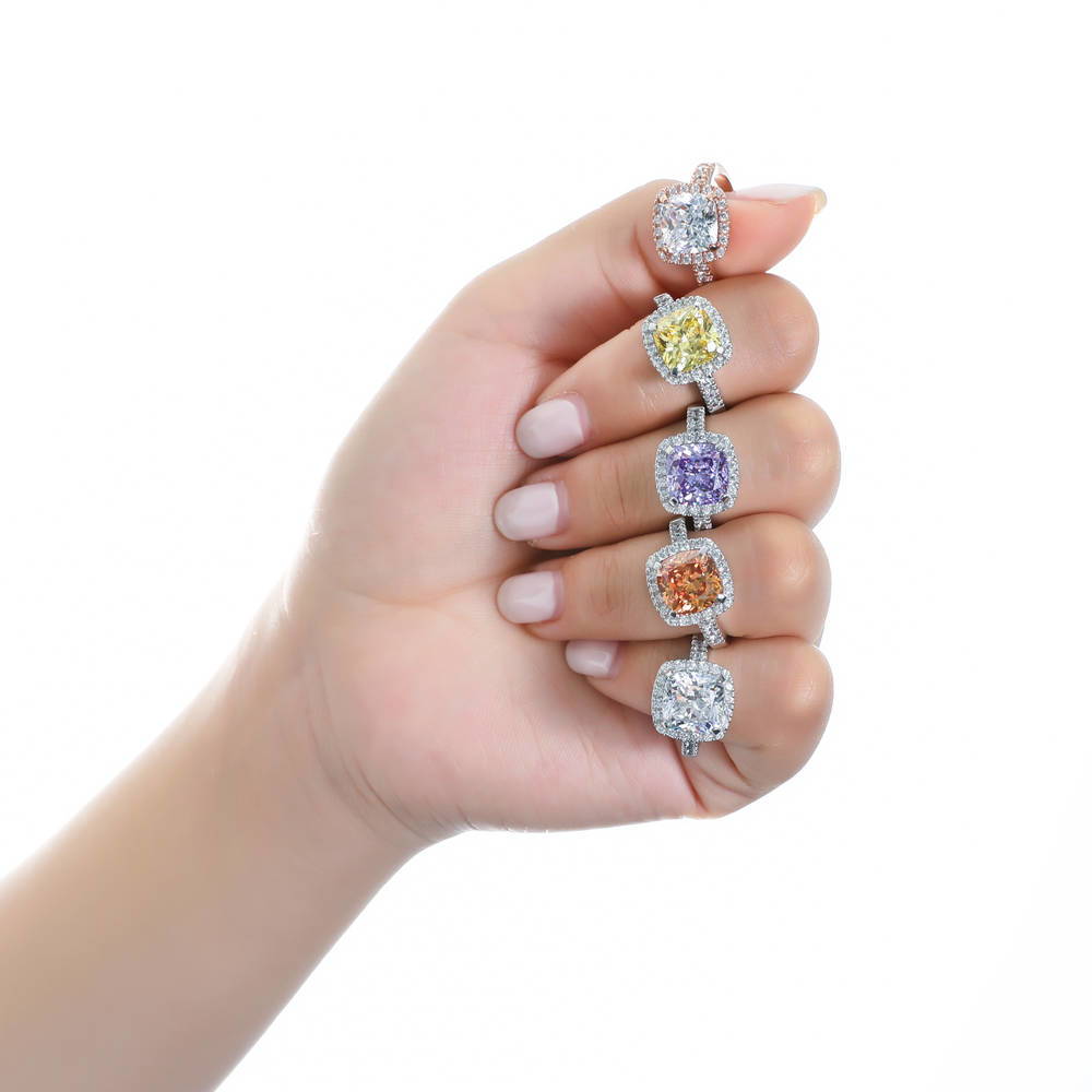 Model wearing Halo Cushion Cut CZ Ring in Sterling Silver, 11 of 12