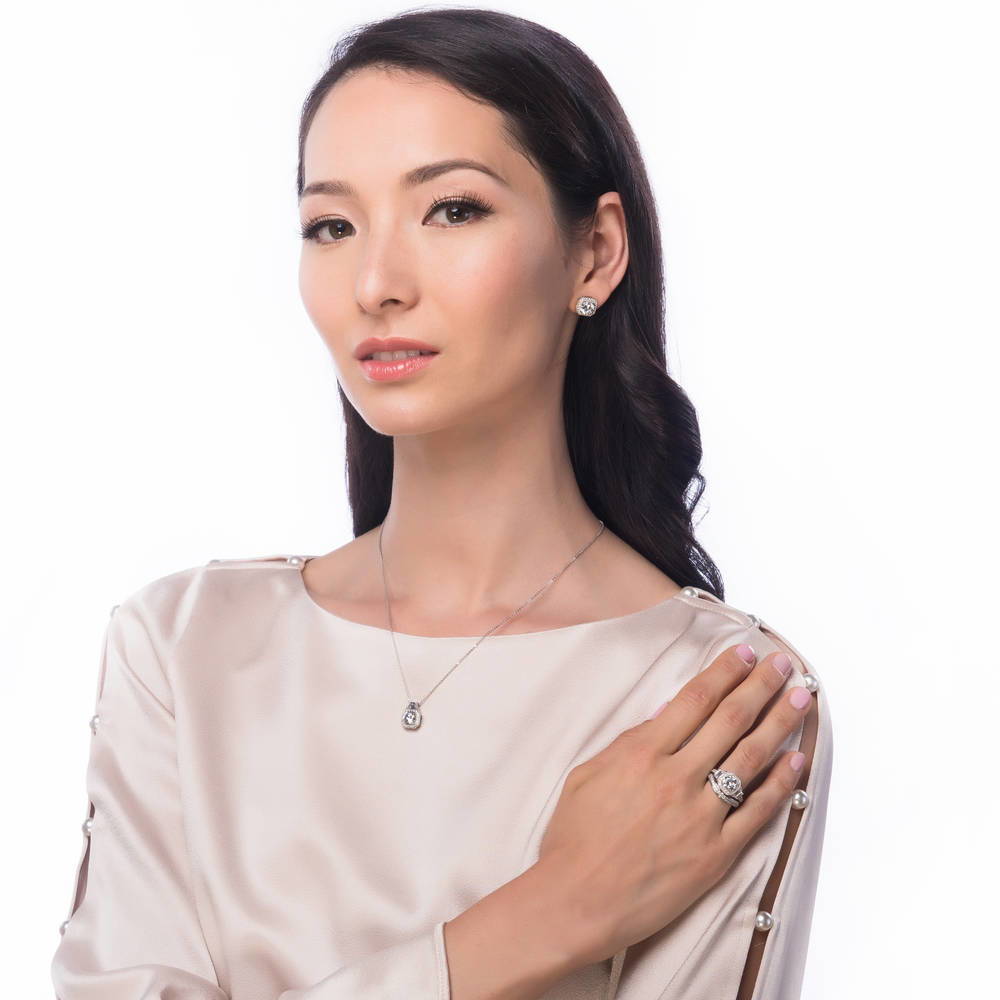 Model wearing Halo Art Deco CZ Ring Set in Sterling Silver, 9 of 13