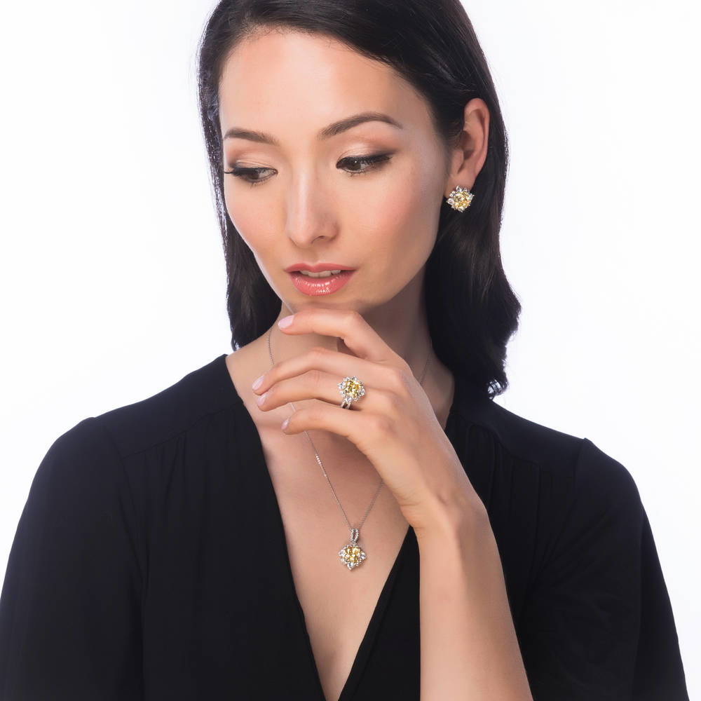 Model wearing Halo Flower Canary Cushion CZ Split Shank Ring in Sterling Silver, 6 of 8