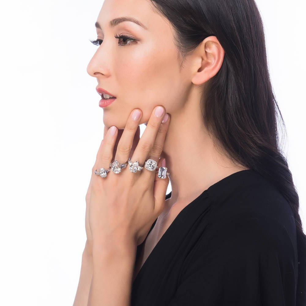 Model wearing 3-Stone 5.7ct Pear CZ Ring in Sterling Silver, 10 of 10