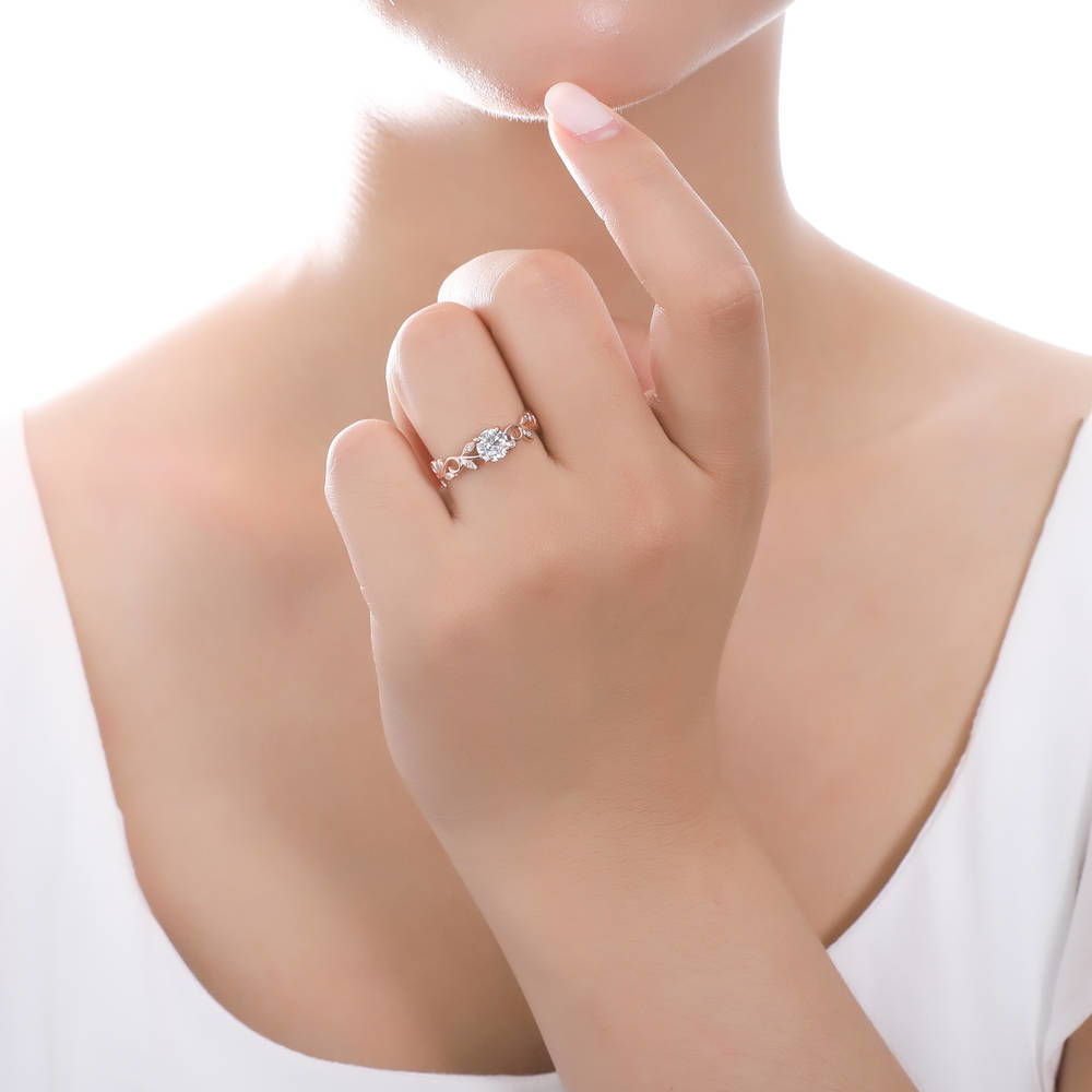Model wearing Solitaire Filigree CZ Ring in Rose Gold Plated Sterling Silver, 2 of 7