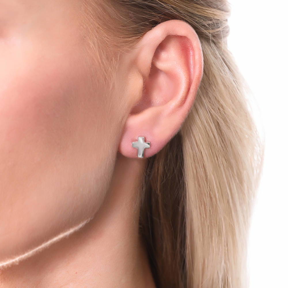 Cross Square Stud Earrings in Sterling Silver, 2 Pairs