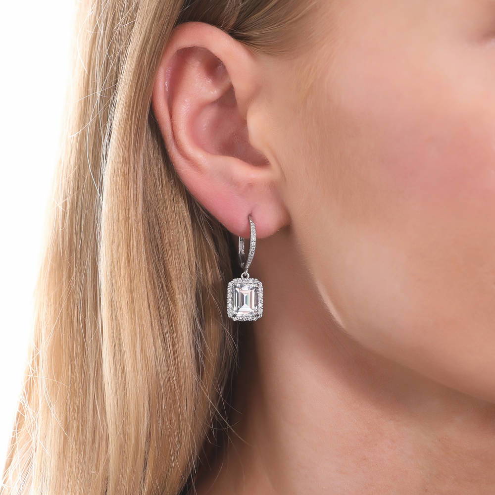 Halo Emerald Cut CZ Leverback Earrings in Sterling Silver