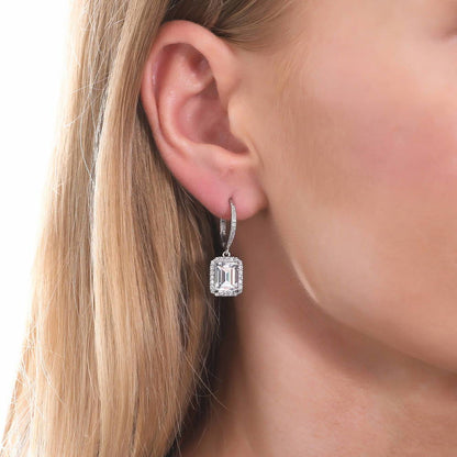 Halo Emerald Cut CZ Leverback Earrings in Sterling Silver
