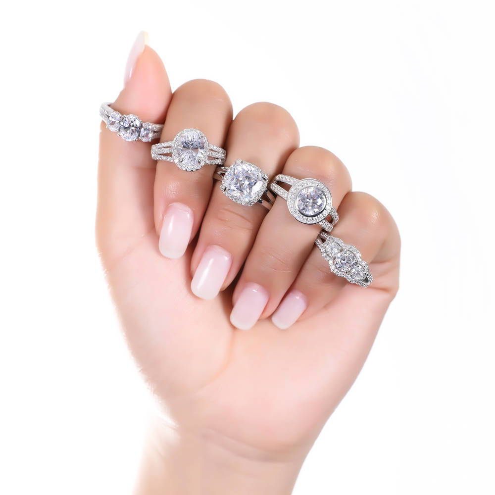 Model wearing 3-Stone 0.8ct CZ Split Shank Ring in Sterling Silver, 10 of 10