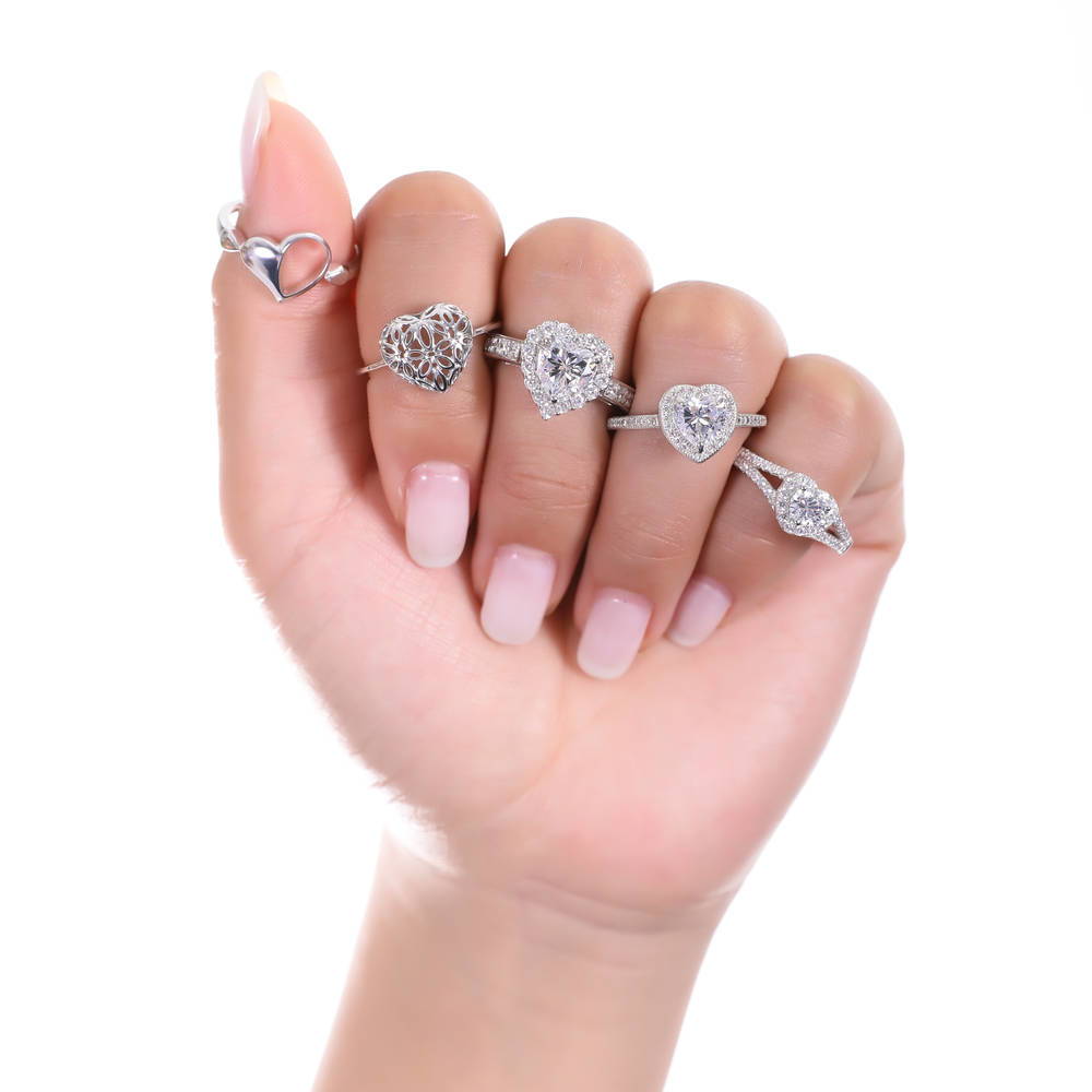 Model wearing Halo Heart Heart CZ Ring in Sterling Silver, 3 of 8