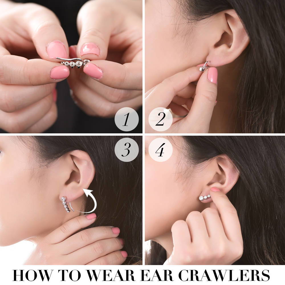 Model wearing Filigree CZ Ear Crawler Cartilage Earrings in Sterling Silver, 3 of 3
