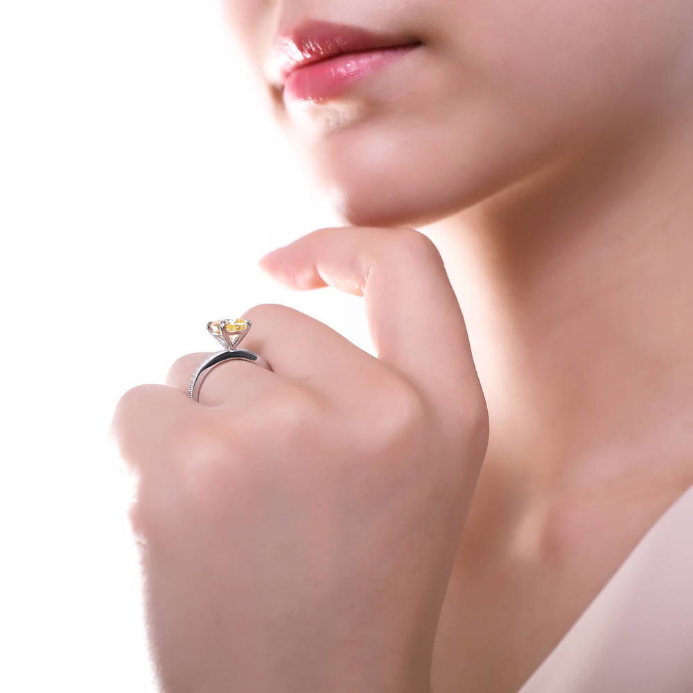 Solitaire Canary Yellow Cushion CZ Ring Set in Sterling Silver