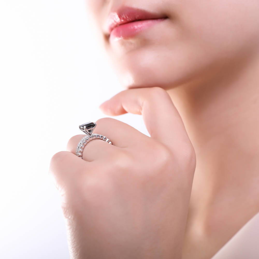 Model wearing Solitaire 3ct Black Cushion CZ Ring in Sterling Silver, 11 of 18