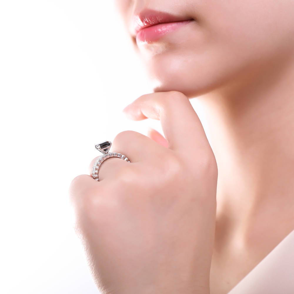 Model wearing Solitaire 3ct Black Cushion CZ Ring in Sterling Silver, 17 of 18