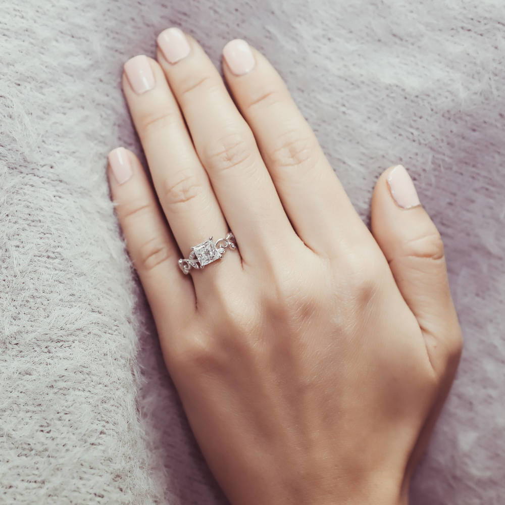 Model wearing Solitaire Leaf Filigree Princess CZ Ring Set in Sterling Silver, 6 of 11