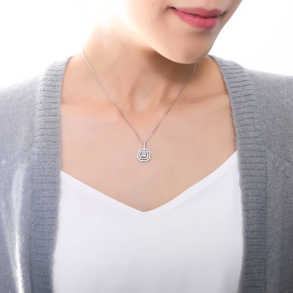 Model wearing Halo Princess CZ Necklace in Sterling Silver, 2 of 5