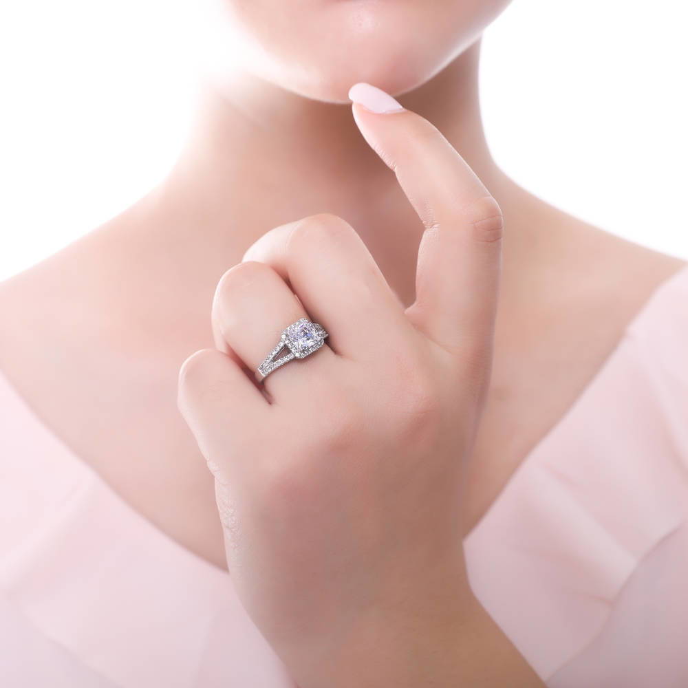 Model wearing Halo Princess CZ Split Shank Ring in Sterling Silver, 2 of 8