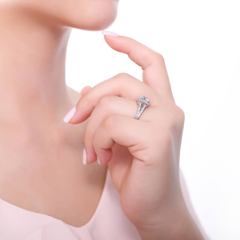 Model wearing Halo Princess CZ Split Shank Ring in Sterling Silver, 6 of 8