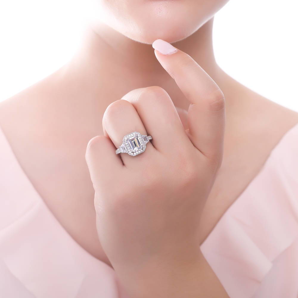 Model wearing Halo Emerald Cut CZ Ring in Sterling Silver, 2 of 7