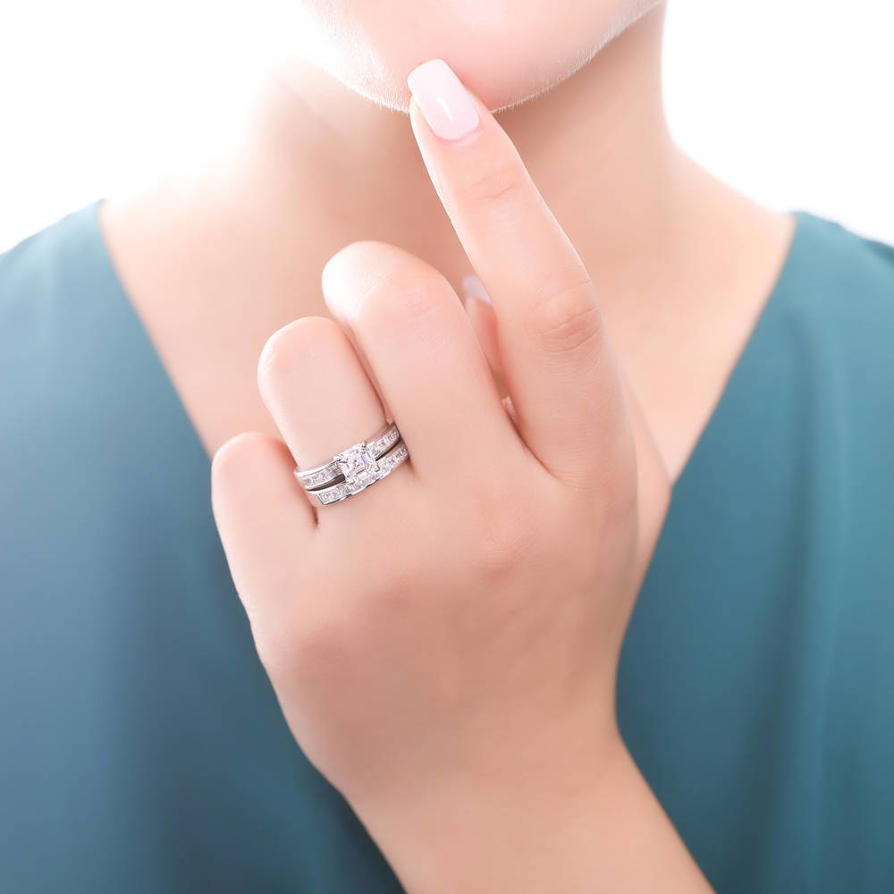 Model wearing Channel Princess CZ Eternity Ring in Sterling Silver, 8 of 9