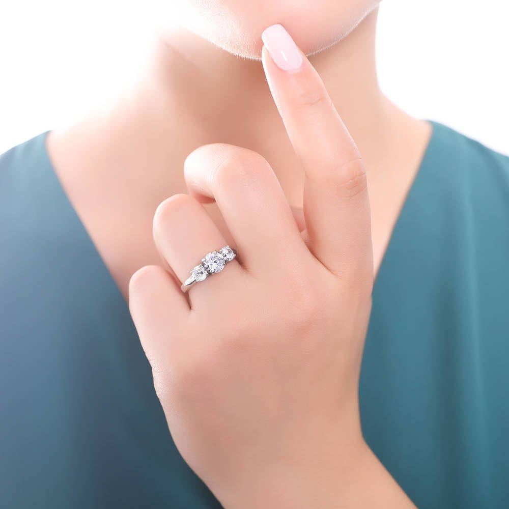 Model wearing 3-Stone Round CZ Ring Set in Sterling Silver, 9 of 11