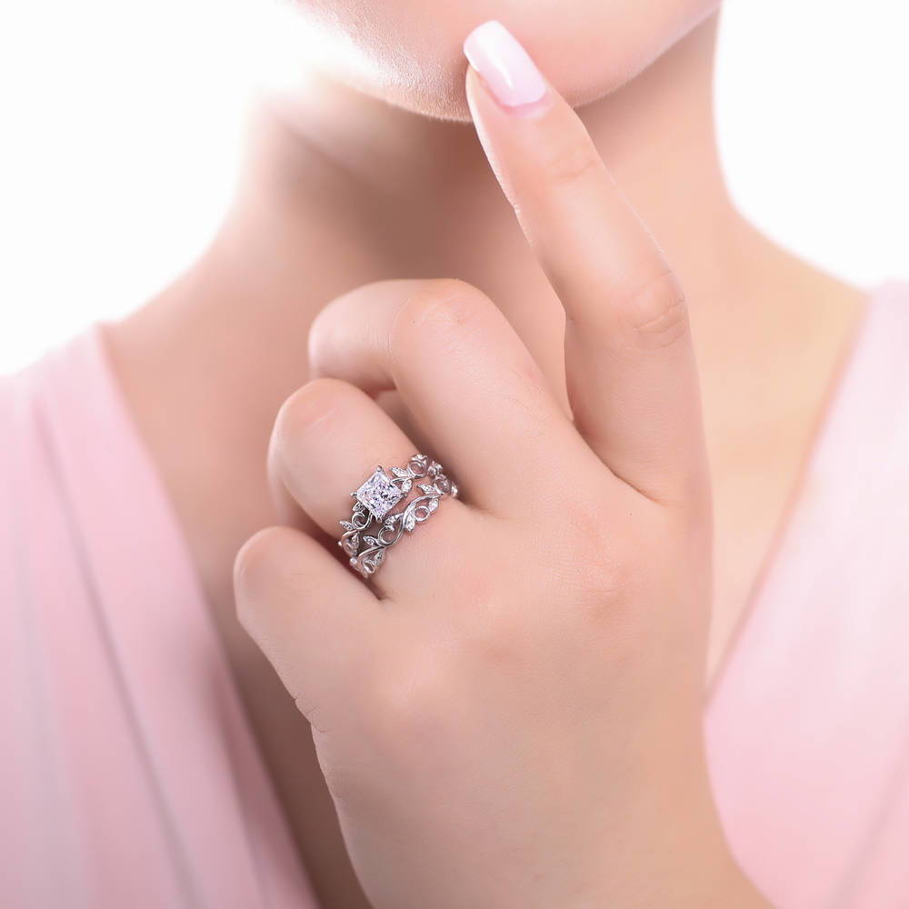 Model wearing Solitaire Leaf Filigree Princess CZ Ring Set in Sterling Silver, 2 of 11