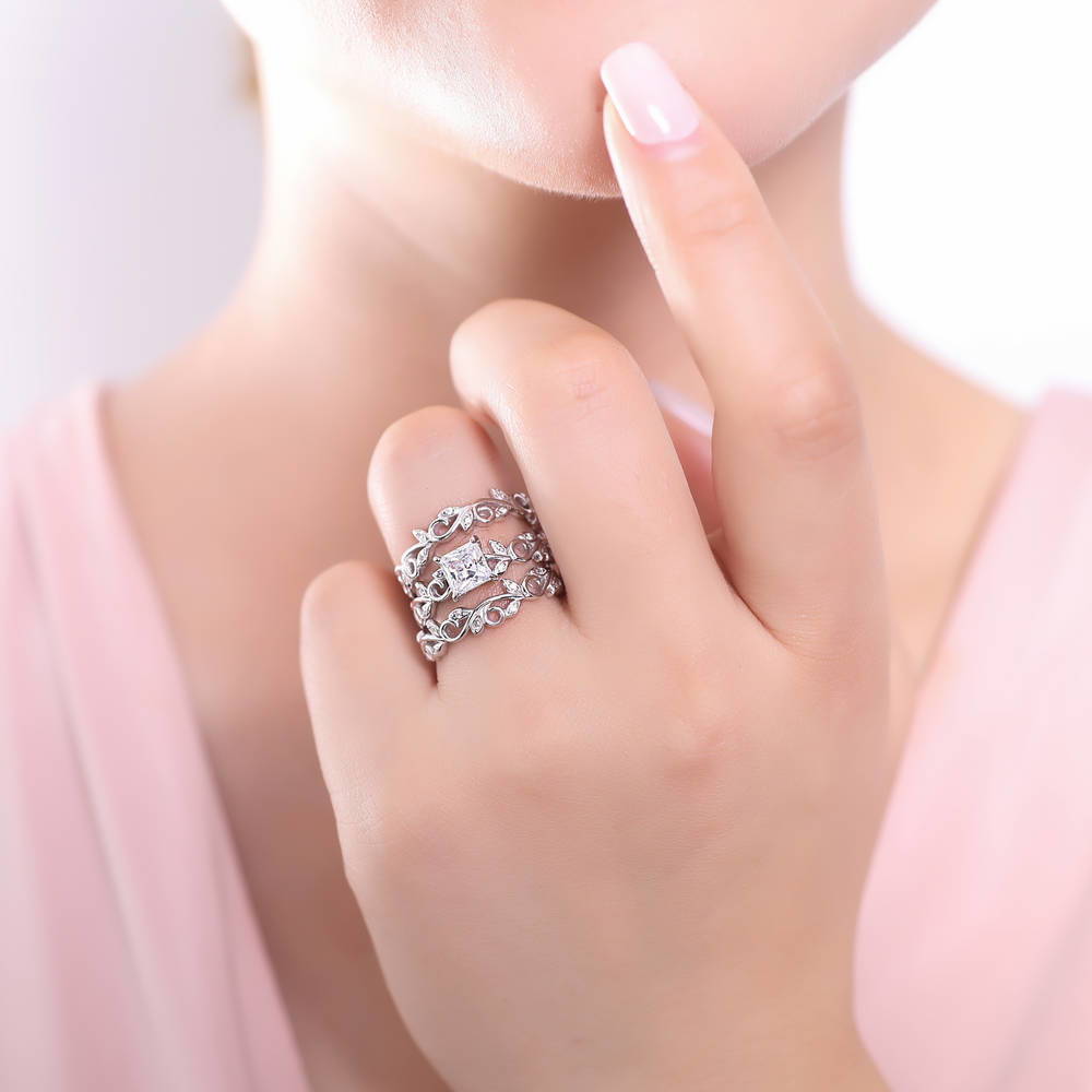 Model wearing Solitaire Leaf Filigree Princess CZ Ring Set in Sterling Silver, 2 of 12
